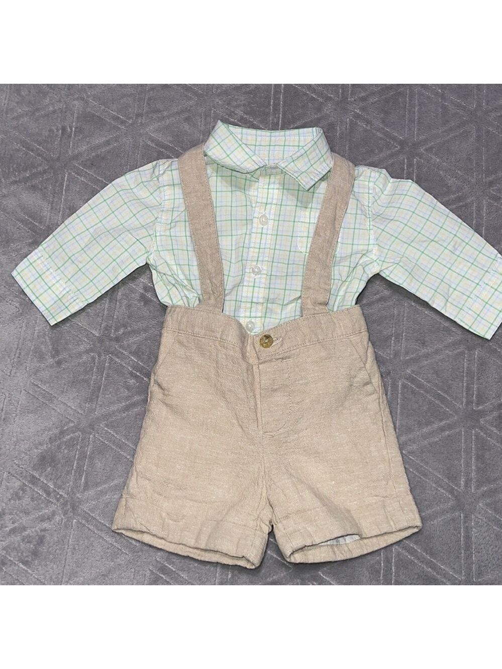 Plaid body suit and linen blend suspended shorts